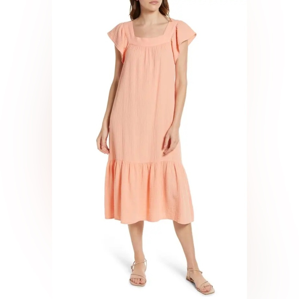 Rails Skylar Coral Amber Double Gauze Cotton Pullover Midi Dress Small